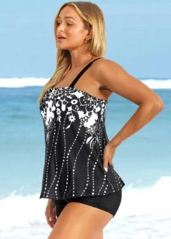 Floral Print Wide Strap Black Tankini Set -Elegance Swimwear Store 289049 P 16388809312672