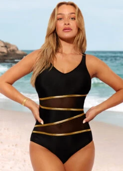 Mesh Stitching Black Contrast One Piece Swimwear -Elegance Swimwear Store 289075 P 16387911250024