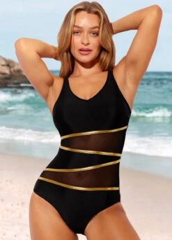 Mesh Stitching Black Contrast One Piece Swimwear