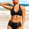 Black Lace Patchwork Decorative Button Bikini Set
