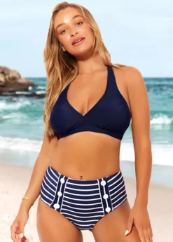 Striped Nautical Halter Navy Blue Bikini Set -Elegance Swimwear Store 289079 P 16478488021848