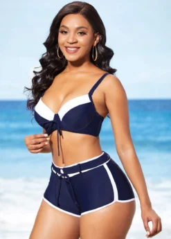 Navy Blue Mid Waist Drawstring Front Bikini Set -Elegance Swimwear Store 289087 P 16376437155042