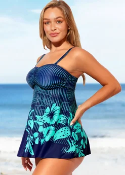 Floral Print Wide Strap Cyan Swimdress And Panty -Elegance Swimwear Store 289165 P 16433542730562