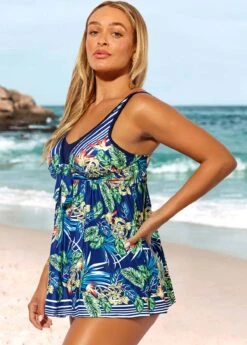 Tropical Print Wide Strap Blue Swimdress Set -Elegance Swimwear Store 289184 P 16389288911422