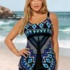 Cyan Tribal Print Wide Strap Tankini Set