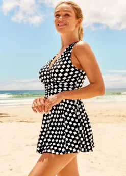 Color Block Checkered Print Cutout Swimdress Set -Elegance Swimwear Store 289312 P 16391041414922