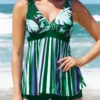 Dark Green Striped Wide Strap Tankini Set