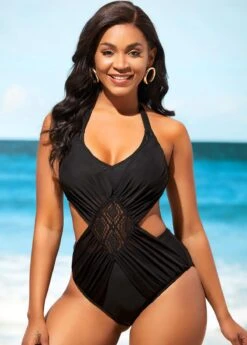 Lace Stitching Black Tie Back One Piece Swimwear -Elegance Swimwear Store 289630 P 16387933370053