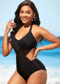 Lace Stitching Black Tie Back One Piece Swimwear -Elegance Swimwear Store 289630 P 16387933371042