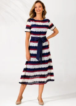 Lace Panel Striped Belted Color Block Dress -Elegance Swimwear Store 289840 P 16395610891324