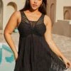 Plus Size Mesh Stitching Black Layered Swimdress Set