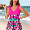 Asymmetric Hem Hot Pink Butterfly Print Swimdress And Shorts
