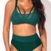 High Waist Dark Green Mesh Stitching Bikini Set