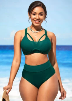 High Waist Dark Green Mesh Stitching Bikini Set -Elegance Swimwear Store 290238 P 16418056598604