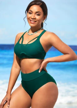 High Waist Dark Green Mesh Stitching Bikini Set -Elegance Swimwear Store 290238 P 16418056599286