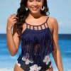 Tassel High Waisted Navy Blue Bikini Set