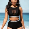 High Waisted Black Mesh Stitching Bikini Set