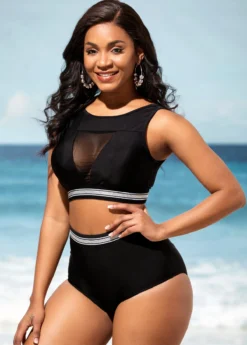 High Waisted Black Mesh Stitching Bikini Set -Elegance Swimwear Store 290243 P 16381850447972