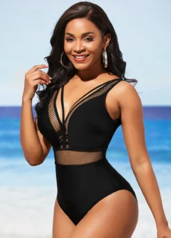 Black Sheer Fishnet Panel One Piece Swimwear -Elegance Swimwear Store 290319 P 16384089730882