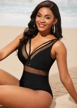Black Sheer Fishnet Panel One Piece Swimwear -Elegance Swimwear Store 290319 P 16384089739033