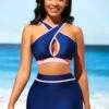 Navy Blue Contrast Stitch High Waist Bikini Set