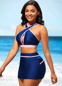 Navy Blue Contrast Stitch High Waist Bikini Set -Elegance Swimwear Store 290323 P 16387933346452