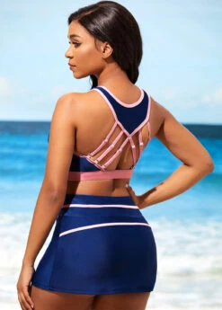 Navy Blue Contrast Stitch High Waist Bikini Set -Elegance Swimwear Store 290323 P 16387933346711