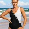 Black Textured Fabric Decorative Button One Piece Swimwear