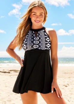Tribal Print Black Cutout Swimdress Set