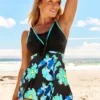 Cyan Floral Print Wide Strap Swimdress Set