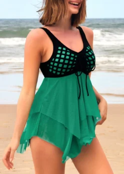 Tie Front Cyan Asymmetric Hem Swimdress And Panty -Elegance Swimwear Store 290423 P 16551697738972