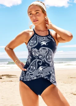 Cross Strap Navy Blue Paisley Print Tankini Set -Elegance Swimwear Store 290434 P 16391039697803