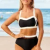 High Waisted Cross Strap Contrast Bikini Set