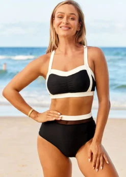 High Waisted Cross Strap Contrast Bikini Set
