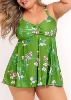 Floral Print Green Plus Size Swimdress Set