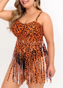 Plus Size Tassel Leopard Rust Orange Swimdress Set -Elegance Swimwear Store 290502 P 16402584834222