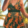 Plus Size Floral Print Olive Green Swimdress And Shorts