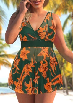 Plus Size Floral Print Olive Green Swimdress And Shorts