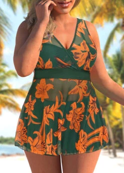 Plus Size Floral Print Olive Green Swimdress And Shorts -Elegance Swimwear Store 290702 P 1657102320471