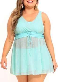 Plus Size Drawstring Detail Cyan Swimdress And Shorts