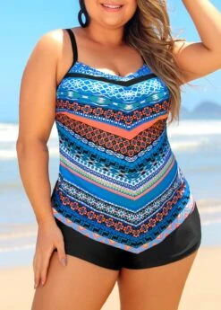 Tribal Print Spaghetti Strap Plus Size Tankini Set