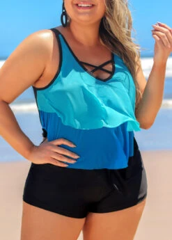 Blue Plus Size Layered Hem Cross Strap Tankini Set -Elegance Swimwear Store 291157 P 16408604690042