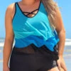 Blue Plus Size Layered Hem Cross Strap Tankini Set