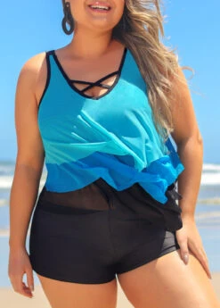 Blue Plus Size Layered Hem Cross Strap Tankini Set
