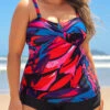 Brush Stroke Print Cross Front Plus Size Tankini Set