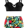 Floral Print High Waist Flounce Decorative Ring Bikini Set