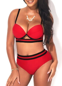 Webbing Mid Waist Deep Red Bikini Set