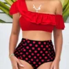 Polka Dot High Waist Flounce Red Smocked Bikini Set
