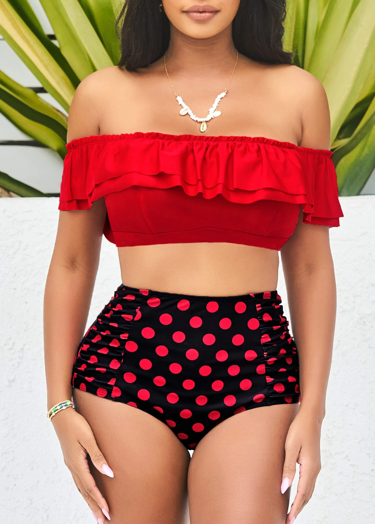 Polka Dot High Waist Flounce Red Smocked Bikini Set 4 Polka Dot High Waist Flounce Red Smocked Bikini Set - Image 4