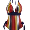 Striped Bowknot Side Halter One Piece Swimwear